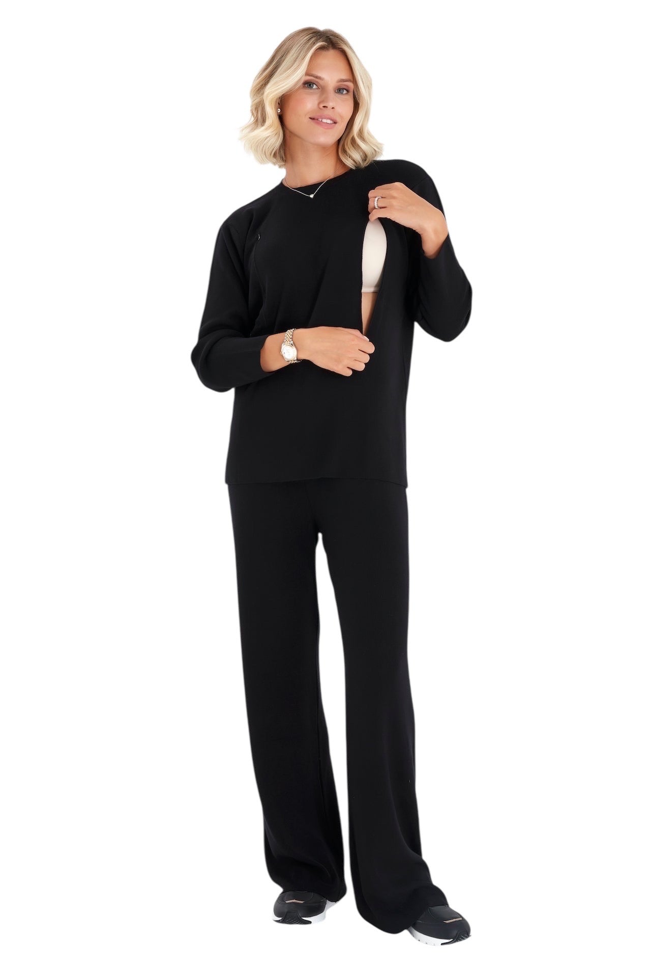 Effortless Elegance Set with Rib Side Zip Long Sleeve Maternity/Nursing Top & Lounge Pants
